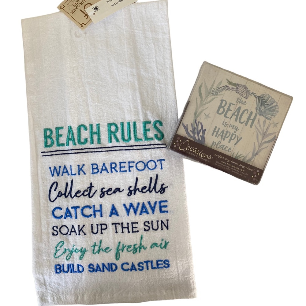 BEACH LOVERS Coasters and Embroidered Kitchen Towel